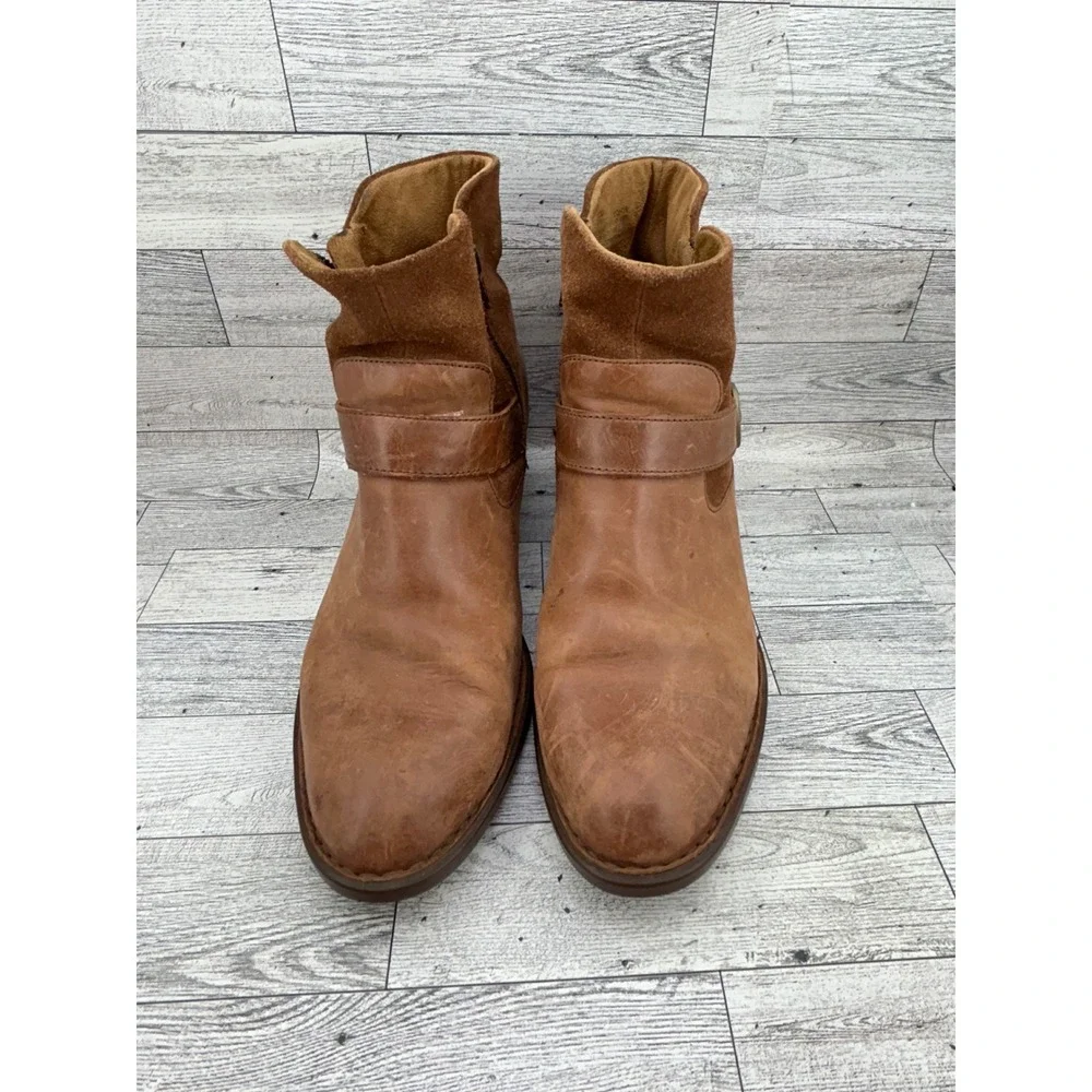 Born Brown Leather Suede Ankle Boots Men 11M F75517‎ Buckle Zip Block Heel